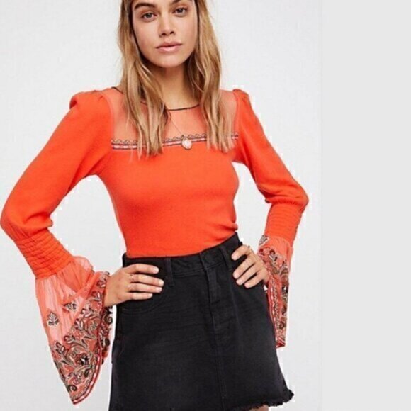 Free People High Tides Embroidered Bell Sleeve Top - Picture 1 of 7